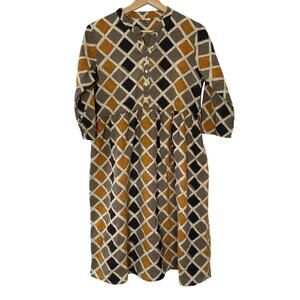 Anouk midi 3/4 sleeve dress mustard geometric boho modest 100% cotton women's L